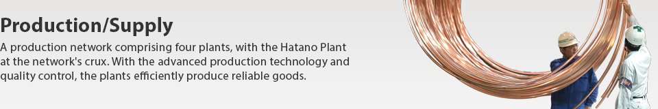 Production/Supply A production network comprising five plants, with the Hatano Plant at the network's crux. With the advanced production technology and quality control, the plants efficiently produce reliable goods.